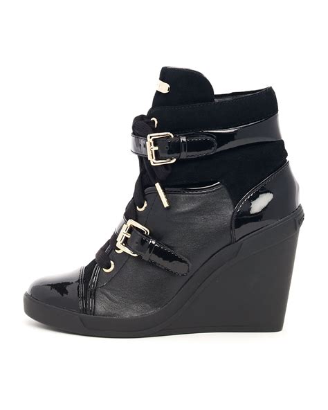 michael michael kors skid leather wedge bootie black|Michael Kors geller wedge bootie.